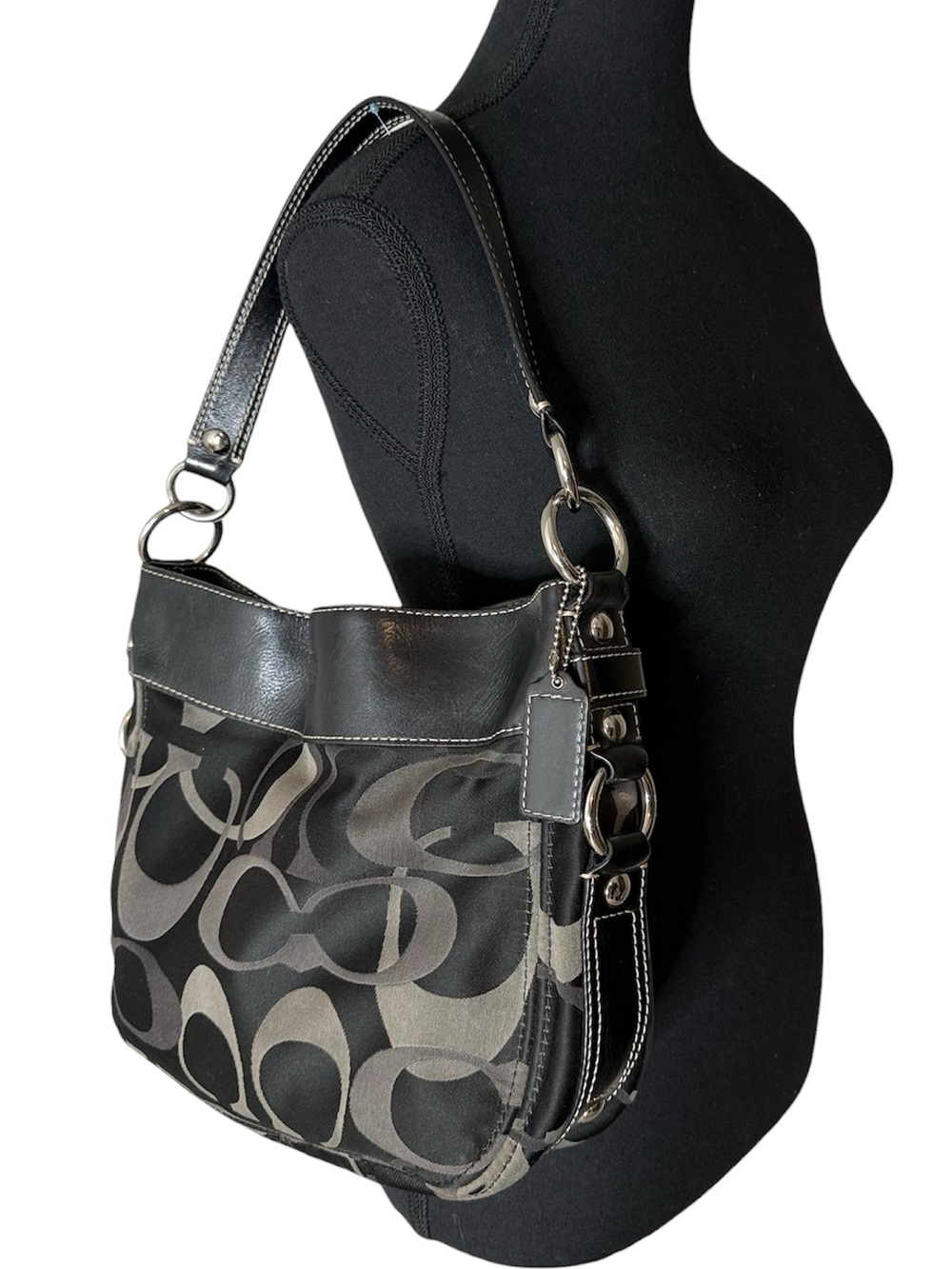 COACH Zoe Optic Signature C Hobo Bag F14711 Convertible Crossbody Black Grey